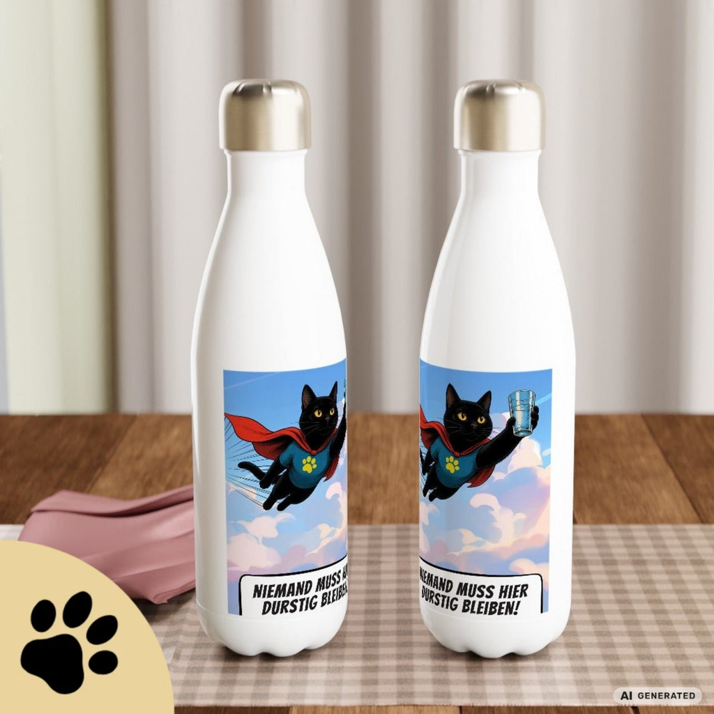 🦸🐱 Katzen Trinkflasche "Niemand muss hier durstig bleiben!" | Edelstahl Isolierflasche 500 ml | Geschenk für Katzenfans - Sunbeamstore