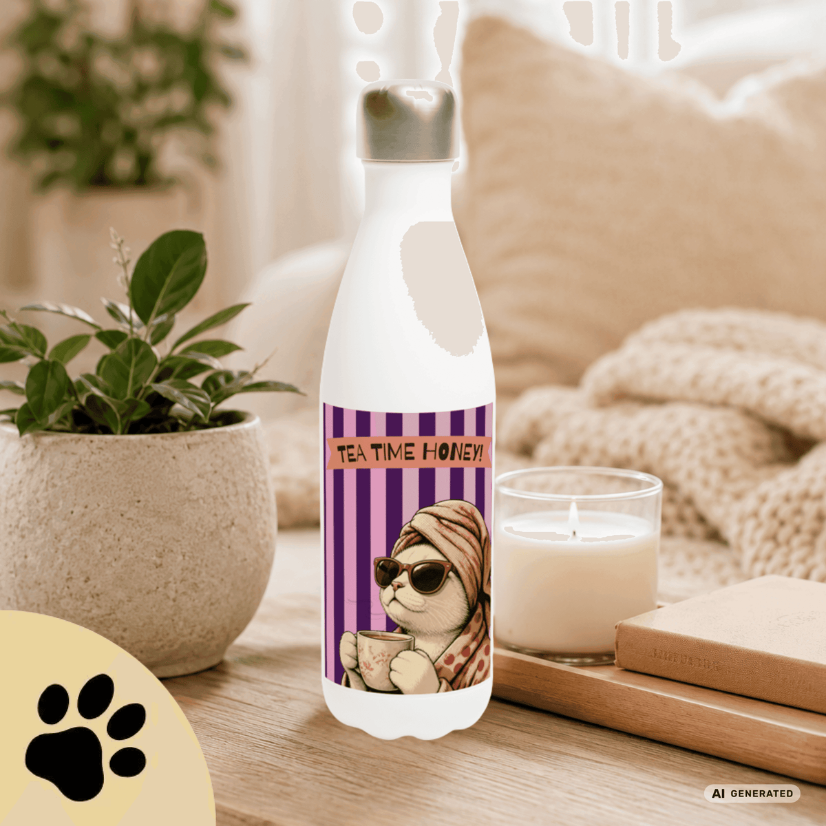 🫖🐱 Katzen Trinkflasche "Tea Time Honey" | Isolierflasche 500 ml | Geschenk für Katzenfans & Teeliebhaber - Sunbeamstore