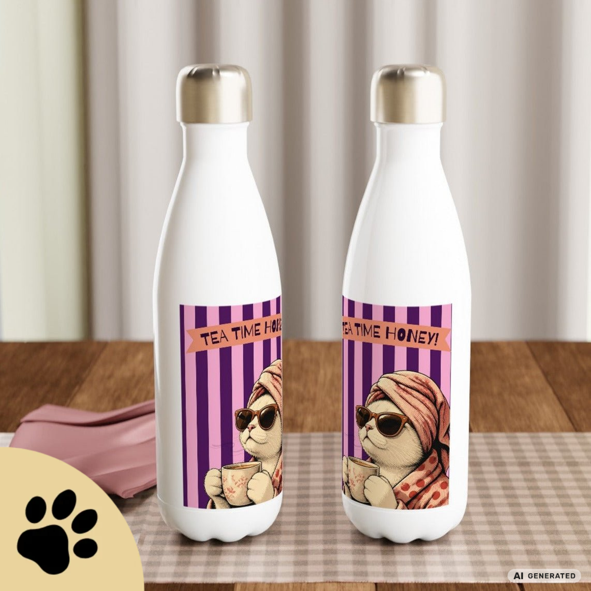 🫖🐱 Katzen Trinkflasche "Tea Time Honey" | Isolierflasche 500 ml | Geschenk für Katzenfans & Teeliebhaber - Sunbeamstore