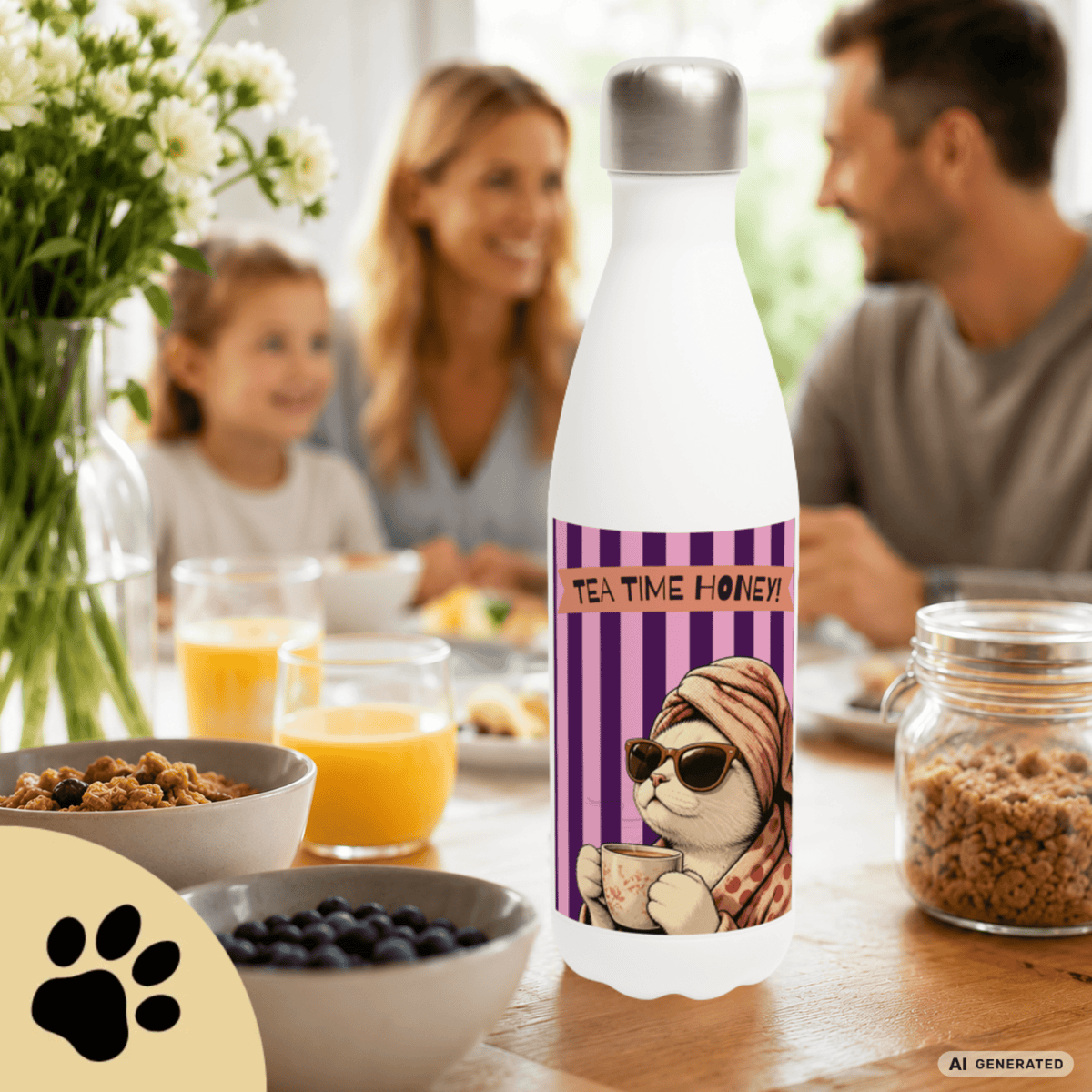 🫖🐱 Katzen Trinkflasche "Tea Time Honey" | Isolierflasche 500 ml | Geschenk für Katzenfans & Teeliebhaber - Sunbeamstore