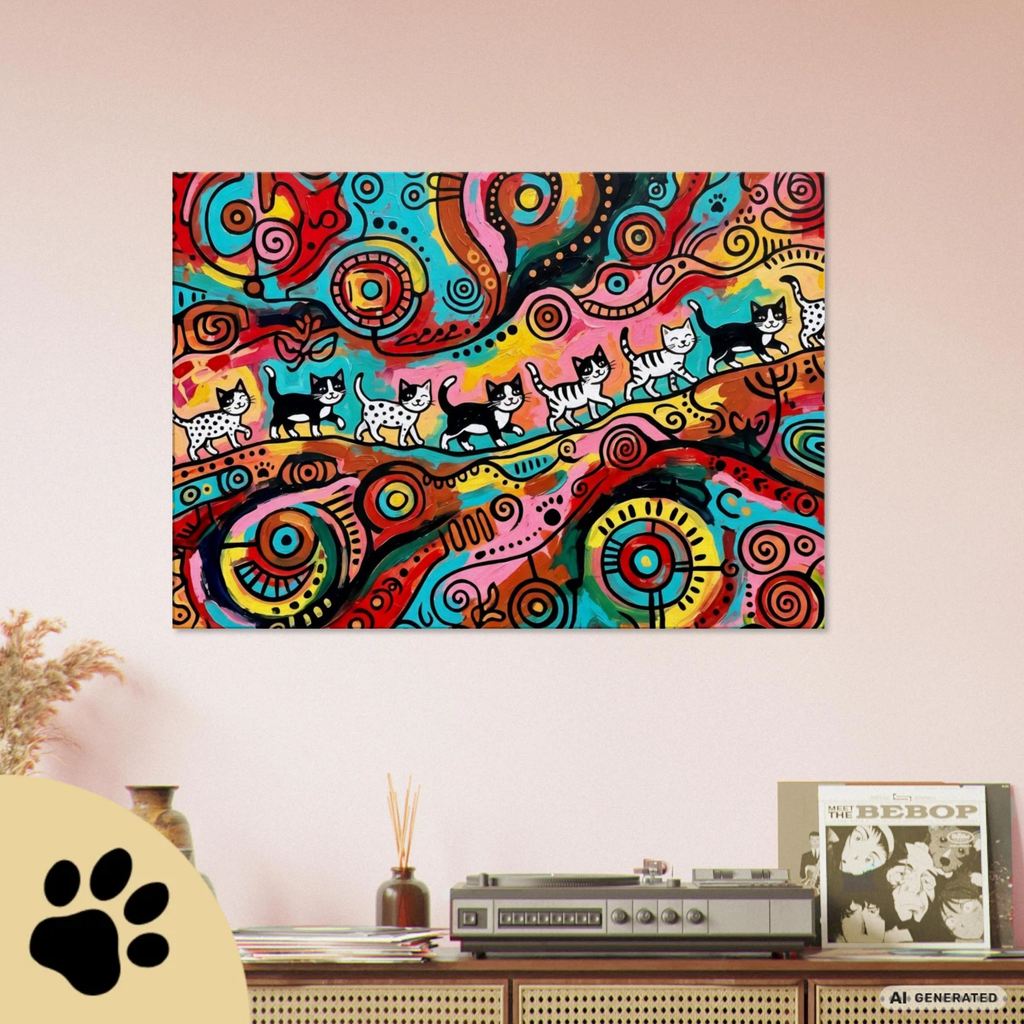 Kittens Walking on Sunshine – Bunte Katzen Kunst auf Leinwand 70 x 100 cm | Moderne Pop Art Wanddekoration I Canvas 70x100 cm / 28x40″ - Sunbeamstore