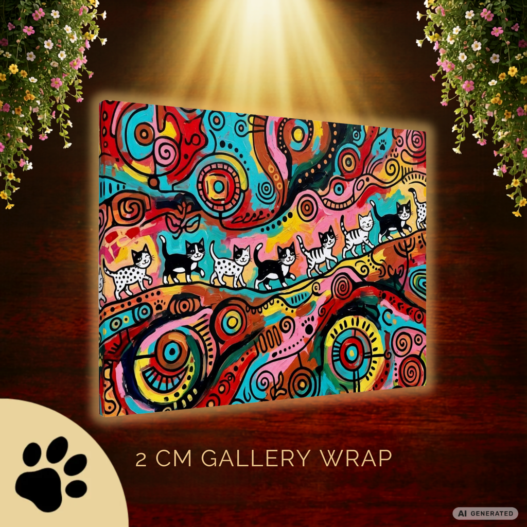 Kittens Walking on Sunshine – Bunte Katzen Kunst auf Leinwand 70 x 100 cm | Moderne Pop Art Wanddekoration I Canvas 70x100 cm / 28x40″ - Sunbeamstore