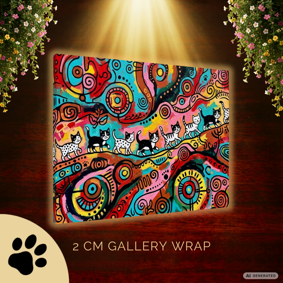 Kittens Walking on Sunshine – Bunte Katzen Kunst auf Leinwand 70 x 100 cm | Moderne Pop Art Wanddekoration I Canvas 70x100 cm / 28x40″ - Sunbeamstore