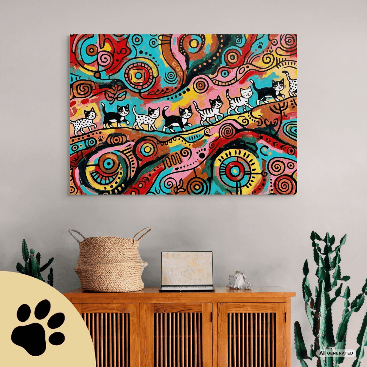 Kittens Walking on Sunshine – Bunte Katzen Kunst auf Leinwand 70 x 100 cm | Moderne Pop Art Wanddekoration I Canvas 70x100 cm / 28x40″ - Sunbeamstore