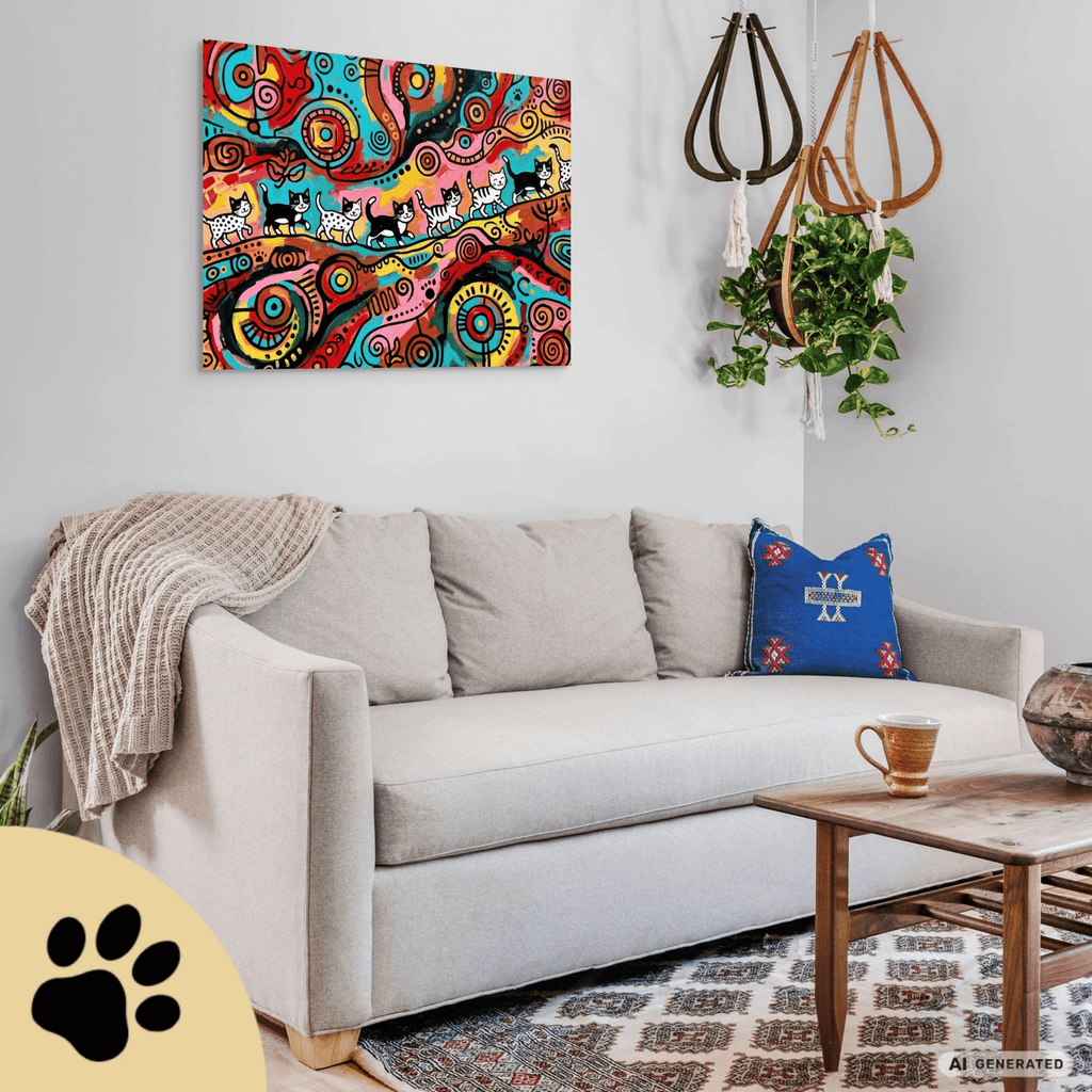 Kittens Walking on Sunshine – Bunte Katzen Kunst auf Leinwand 70 x 100 cm | Moderne Pop Art Wanddekoration I Canvas 70x100 cm / 28x40″ - Sunbeamstore