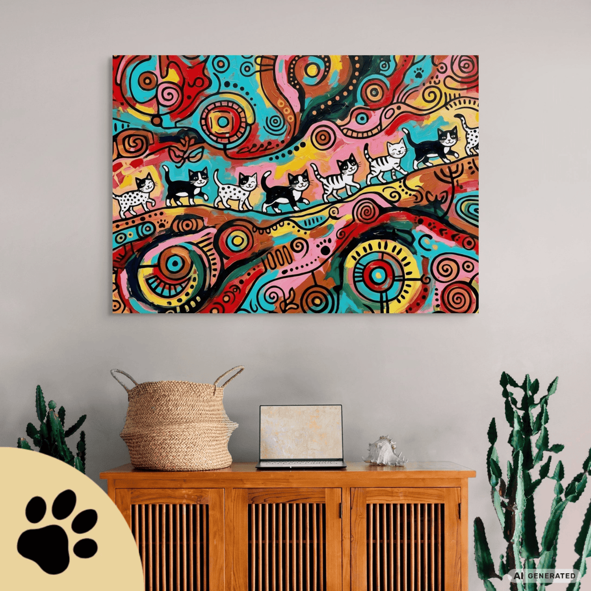 Kittens Walking on Sunshine – Bunte Katzen Kunst auf Leinwand 70 x 100 cm | Moderne Pop Art Wanddekoration I Canvas 70x100 cm / 28x40″ - Sunbeamstore