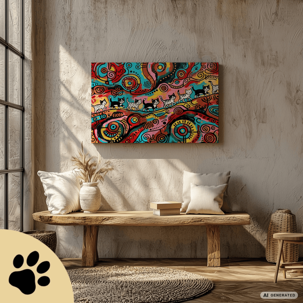 Kittens Walking on Sunshine – Bunte Katzen Kunst auf Leinwand 70 x 100 cm | Moderne Pop Art Wanddekoration I Canvas 70x100 cm / 28x40″ - Sunbeamstore