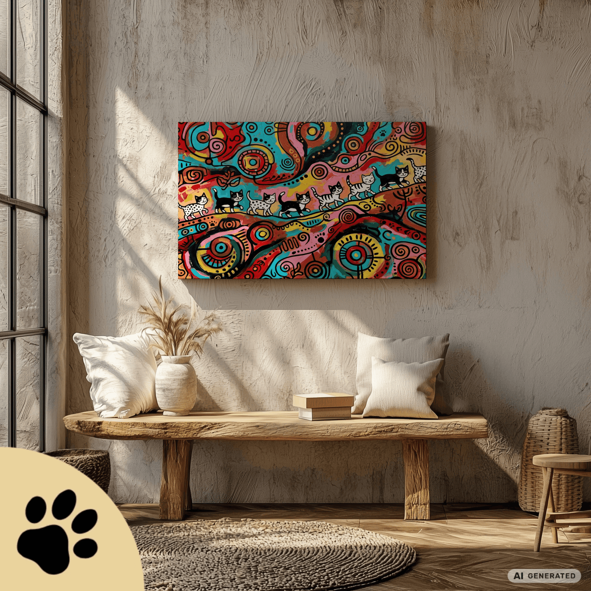 Kittens Walking on Sunshine – Bunte Katzen Kunst auf Leinwand 70 x 100 cm | Moderne Pop Art Wanddekoration I Canvas 70x100 cm / 28x40″ - Sunbeamstore