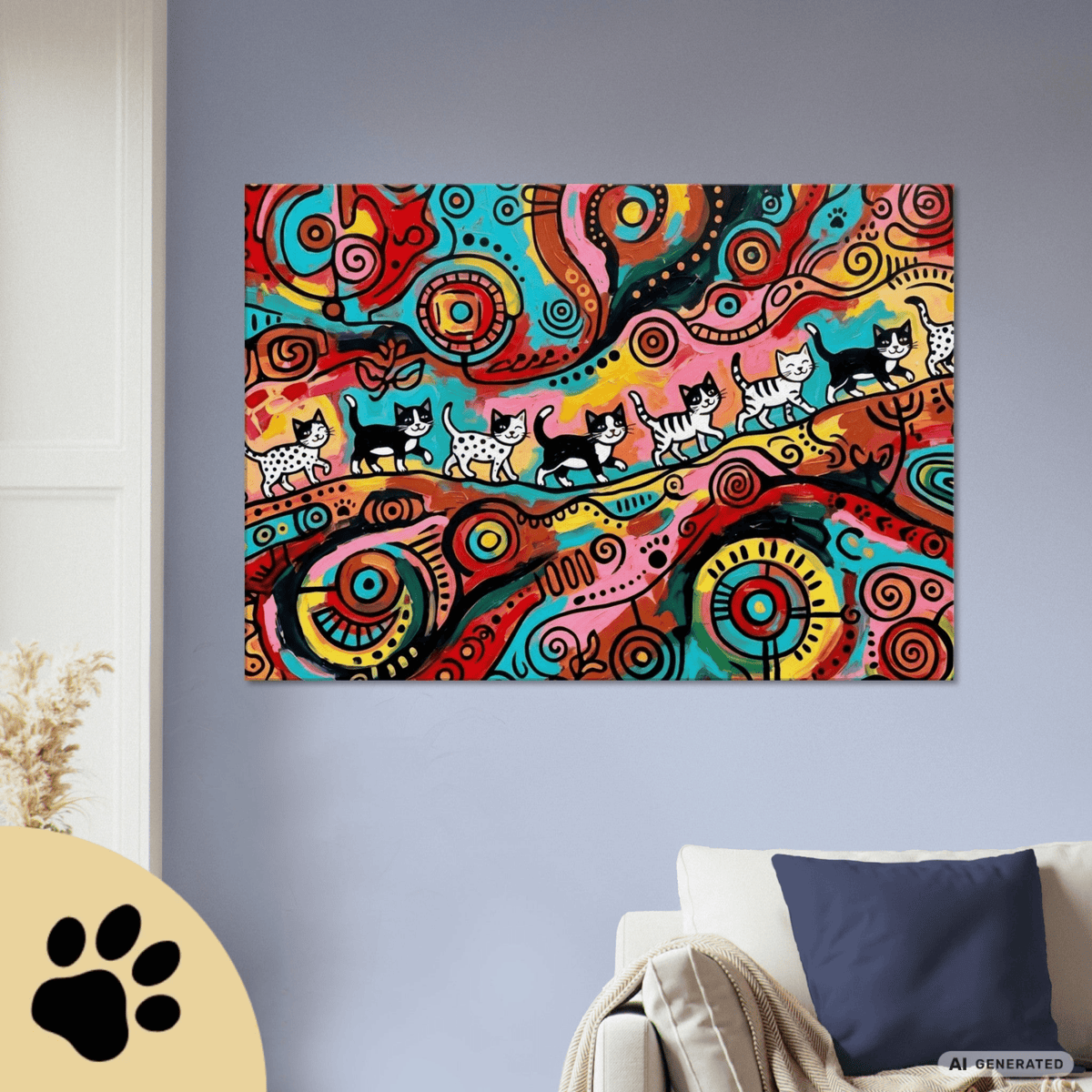 Kittens Walking on Sunshine – Bunte Katzen Kunst auf Leinwand 70 x 100 cm | Moderne Pop Art Wanddekoration I Canvas 70x100 cm / 28x40″ - Sunbeamstore