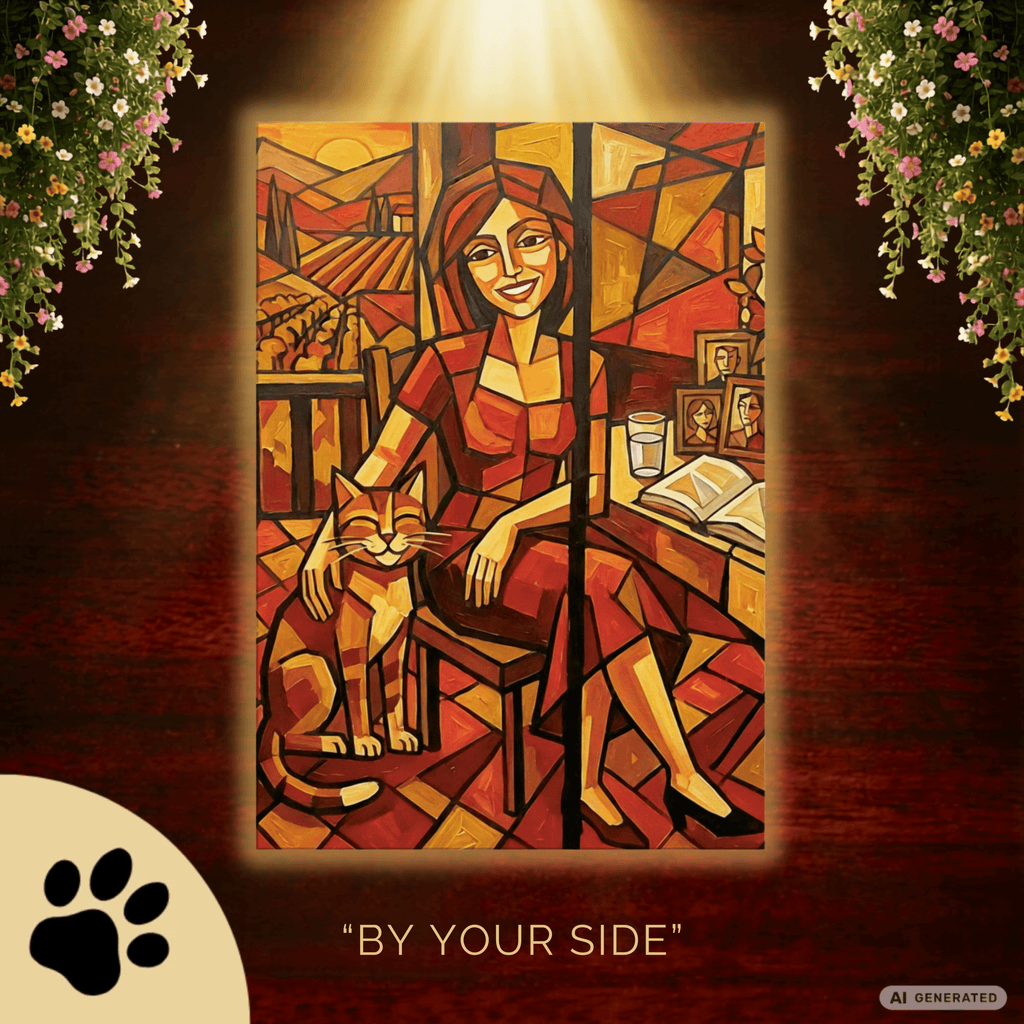 Kubistisches Katzenbild 70 x 100 cm | Warmes Leinwandbild für Katzenliebhaber I Canvas 70x100 cm / 28x40″ - Sunbeamstore
