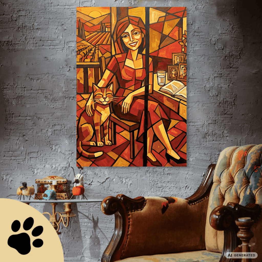 Kubistisches Katzenbild 70 x 100 cm | Warmes Leinwandbild für Katzenliebhaber I Canvas 70x100 cm / 28x40″ - Sunbeamstore