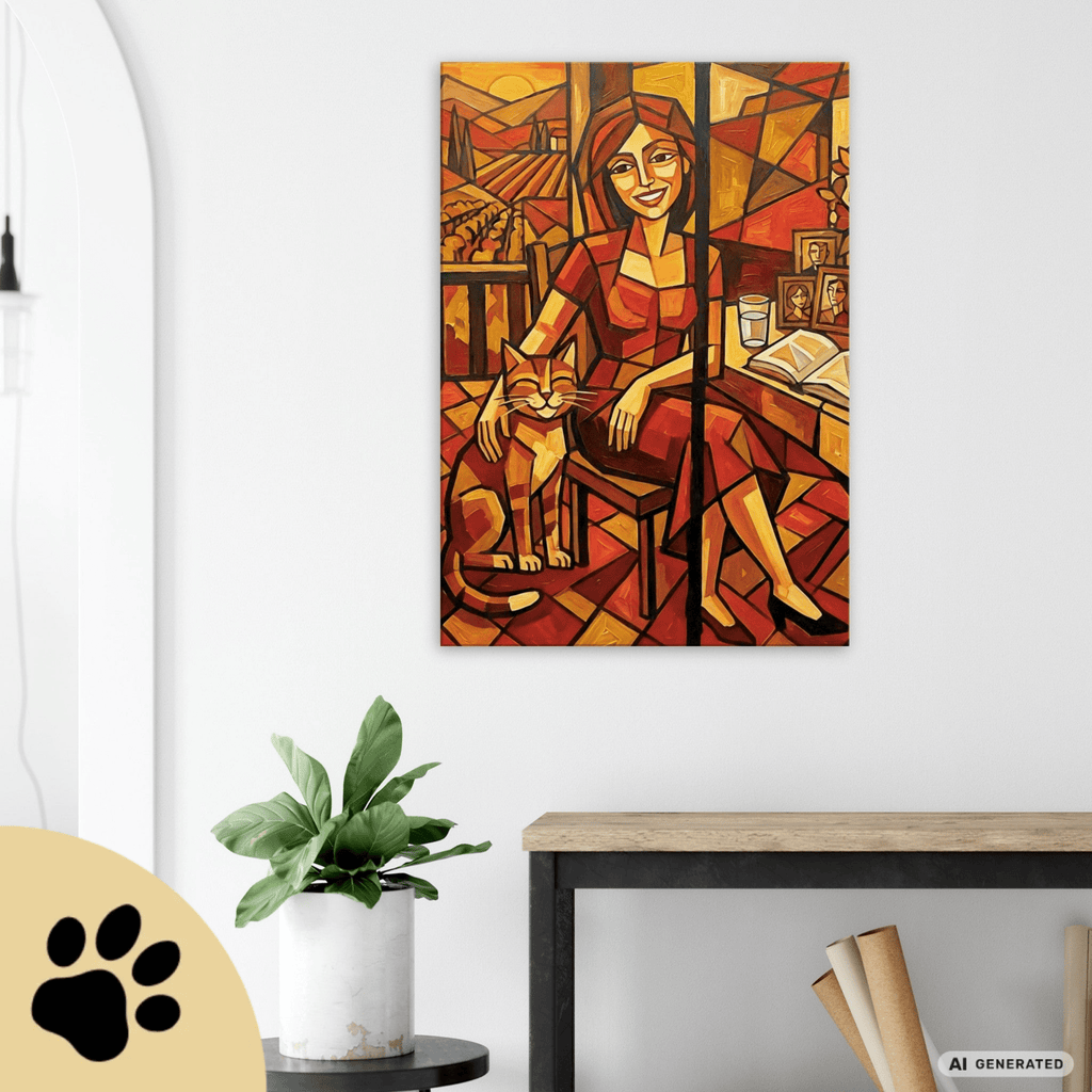 Kubistisches Katzenbild 70 x 100 cm | Warmes Leinwandbild für Katzenliebhaber I Canvas 70x100 cm / 28x40″ - Sunbeamstore
