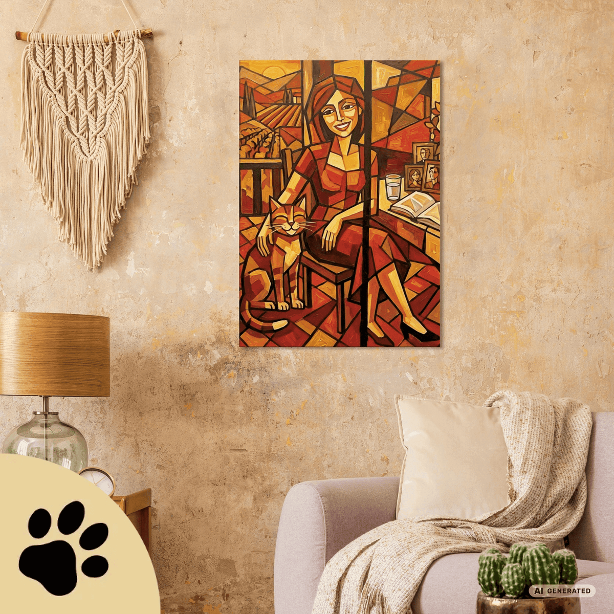 Kubistisches Katzenbild 70 x 100 cm | Warmes Leinwandbild für Katzenliebhaber I Canvas 70x100 cm / 28x40″ - Sunbeamstore