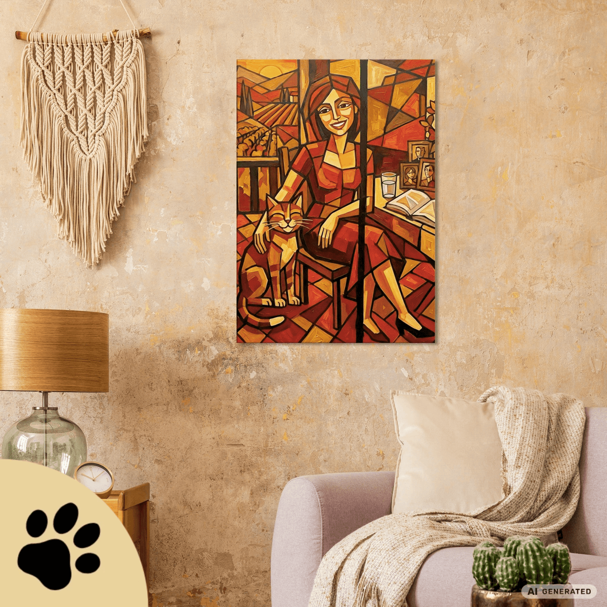 Kubistisches Katzenbild 70 x 100 cm | Warmes Leinwandbild für Katzenliebhaber I Canvas 70x100 cm / 28x40″ - Sunbeamstore