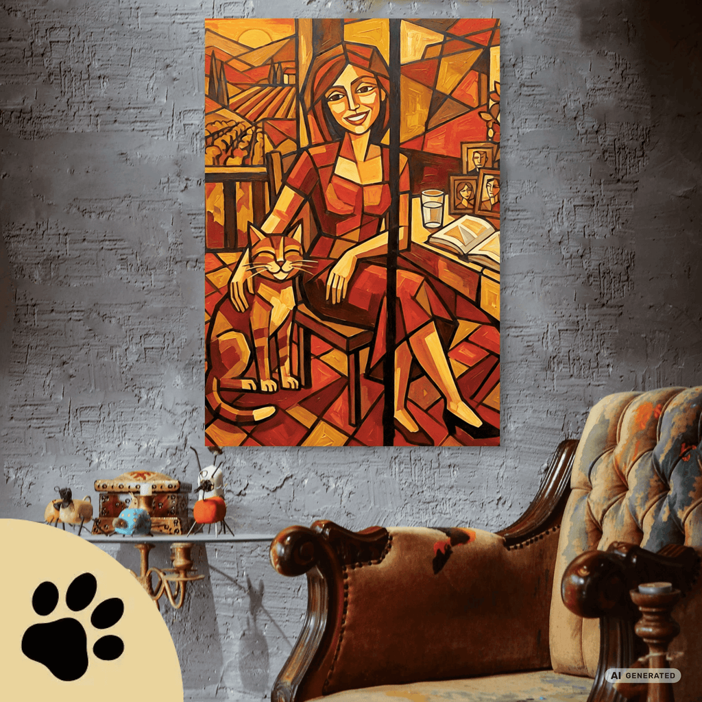 Kubistisches Katzenbild 70 x 100 cm | Warmes Leinwandbild für Katzenliebhaber I Canvas 70x100 cm / 28x40″ - Sunbeamstore