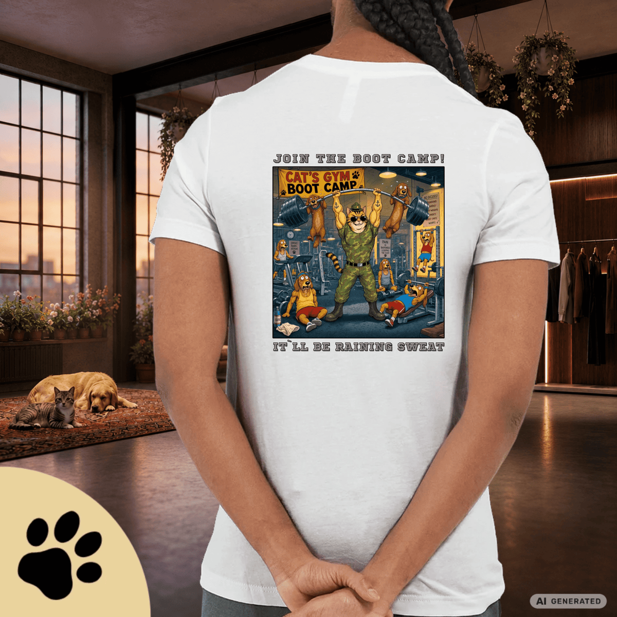 Max The Gym Cat T-Shirt II – Join the Boot Camp | Lustiges Fitness Katzen Shirt mit Rückenprint für Gym Fans & Katzenliebhaber Premium Unisex Crewneck T-shirt | Bella + Canvas 3001 - Sunbeamstore