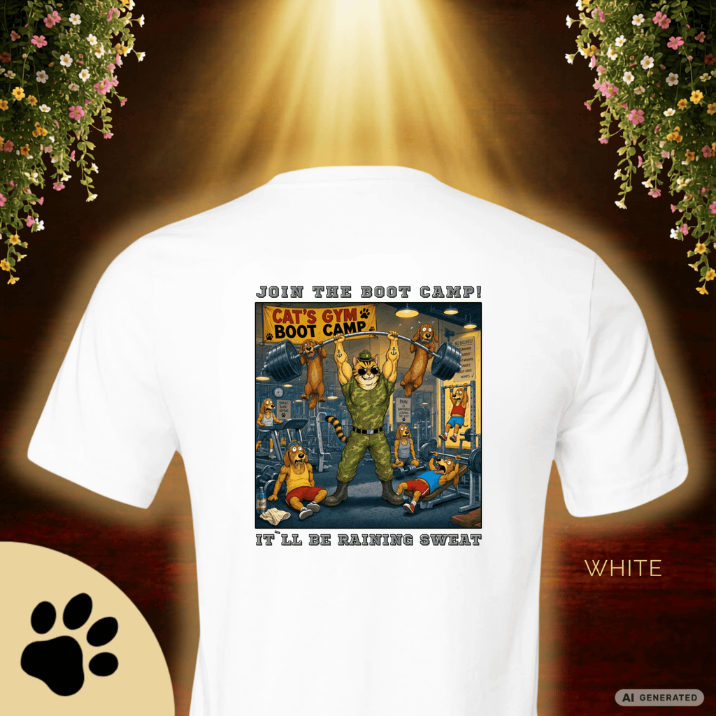 Max The Gym Cat T-Shirt II – Join the Boot Camp | Lustiges Fitness Katzen Shirt mit Rückenprint für Gym Fans & Katzenliebhaber Premium Unisex Crewneck T-shirt | Bella + Canvas 3001 - Sunbeamstore