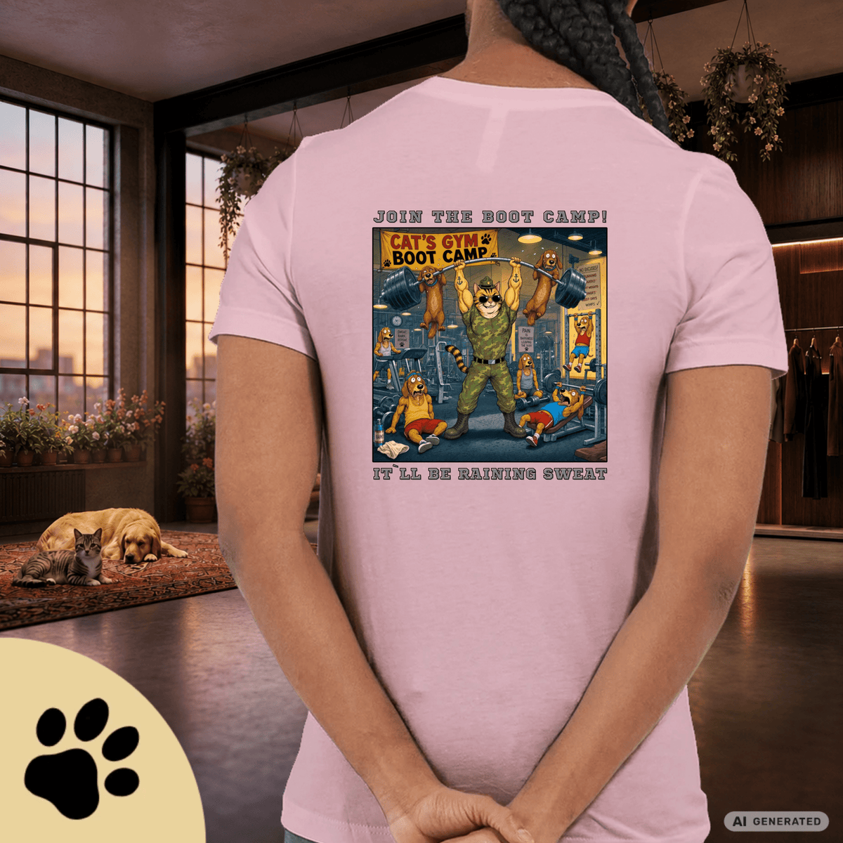 Max The Gym Cat T-Shirt II – Join the Boot Camp | Lustiges Fitness Katzen Shirt mit Rückenprint für Gym Fans & Katzenliebhaber Premium Unisex Crewneck T-shirt | Bella + Canvas 3001 - Sunbeamstore