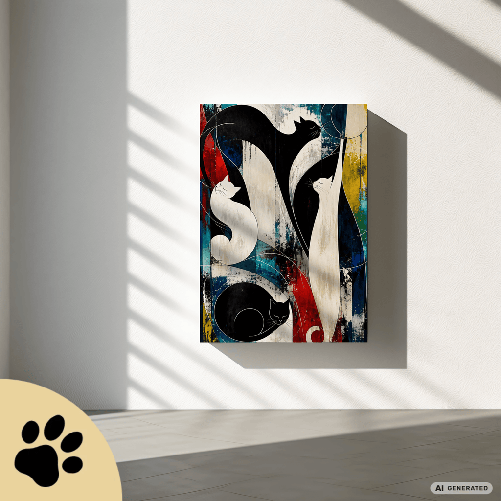 Nocturne for Four Cats – Modernes Katzenbild auf Leinwand 70 x 100 cm | Abstrakte Katzenkunst in kräftigen Farben I Canvas 70x100 cm / 28x40″ - Sunbeamstore