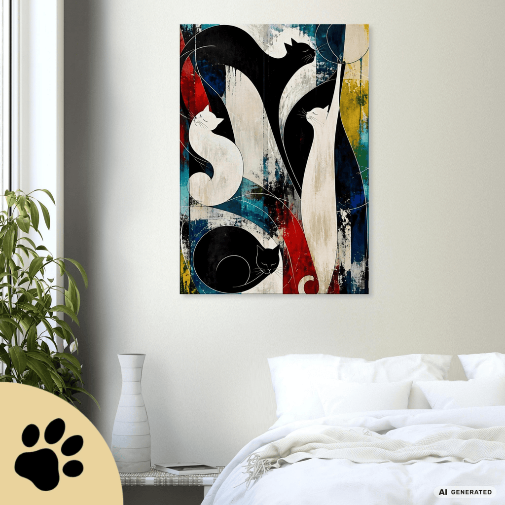 Nocturne for Four Cats – Modernes Katzenbild auf Leinwand 70 x 100 cm | Abstrakte Katzenkunst in kräftigen Farben I Canvas 70x100 cm / 28x40″ - Sunbeamstore