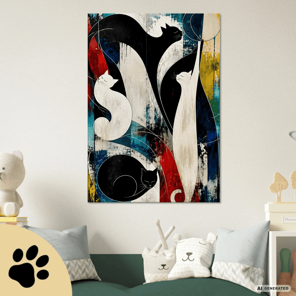 Nocturne for Four Cats – Modernes Katzenbild auf Leinwand 70 x 100 cm | Abstrakte Katzenkunst in kräftigen Farben I Canvas 70x100 cm / 28x40″ - Sunbeamstore