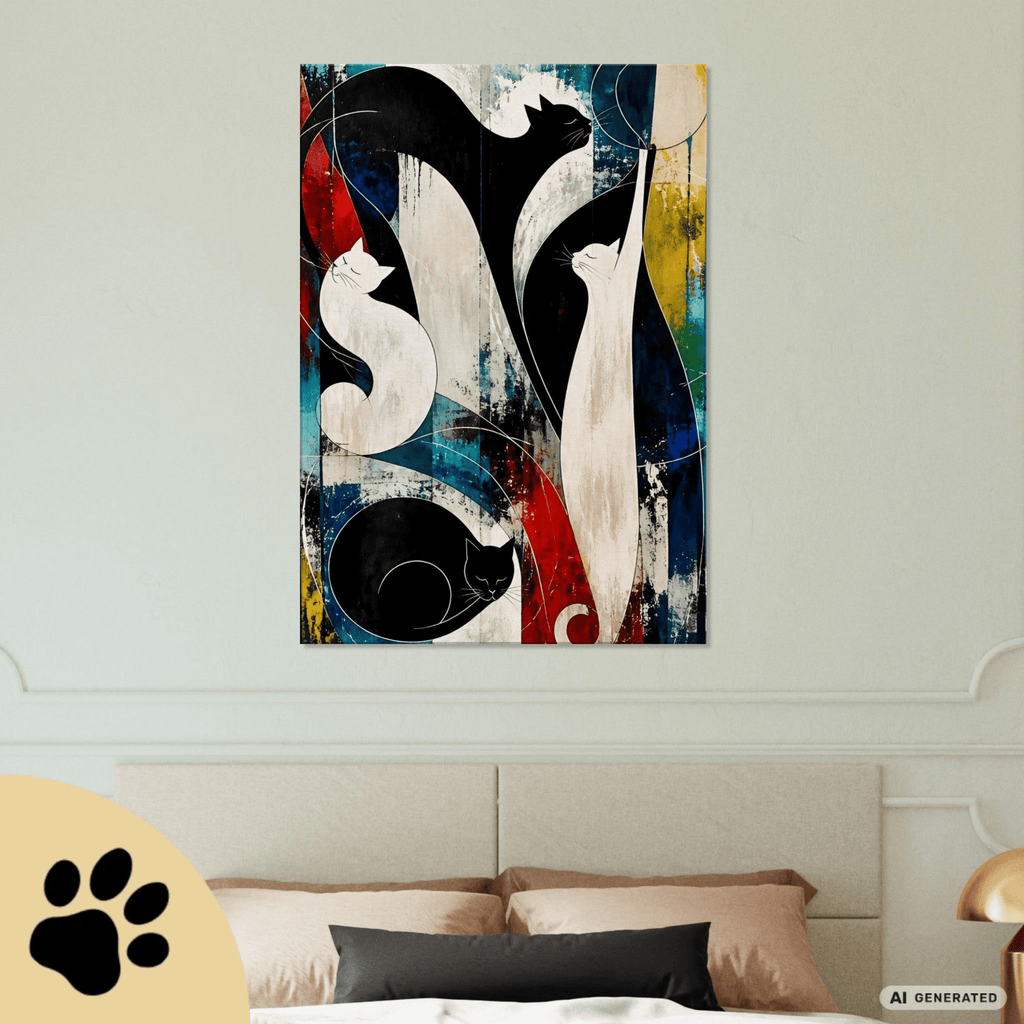 Nocturne for Four Cats – Modernes Katzenbild auf Leinwand 70 x 100 cm | Abstrakte Katzenkunst in kräftigen Farben I Canvas 70x100 cm / 28x40″ - Sunbeamstore