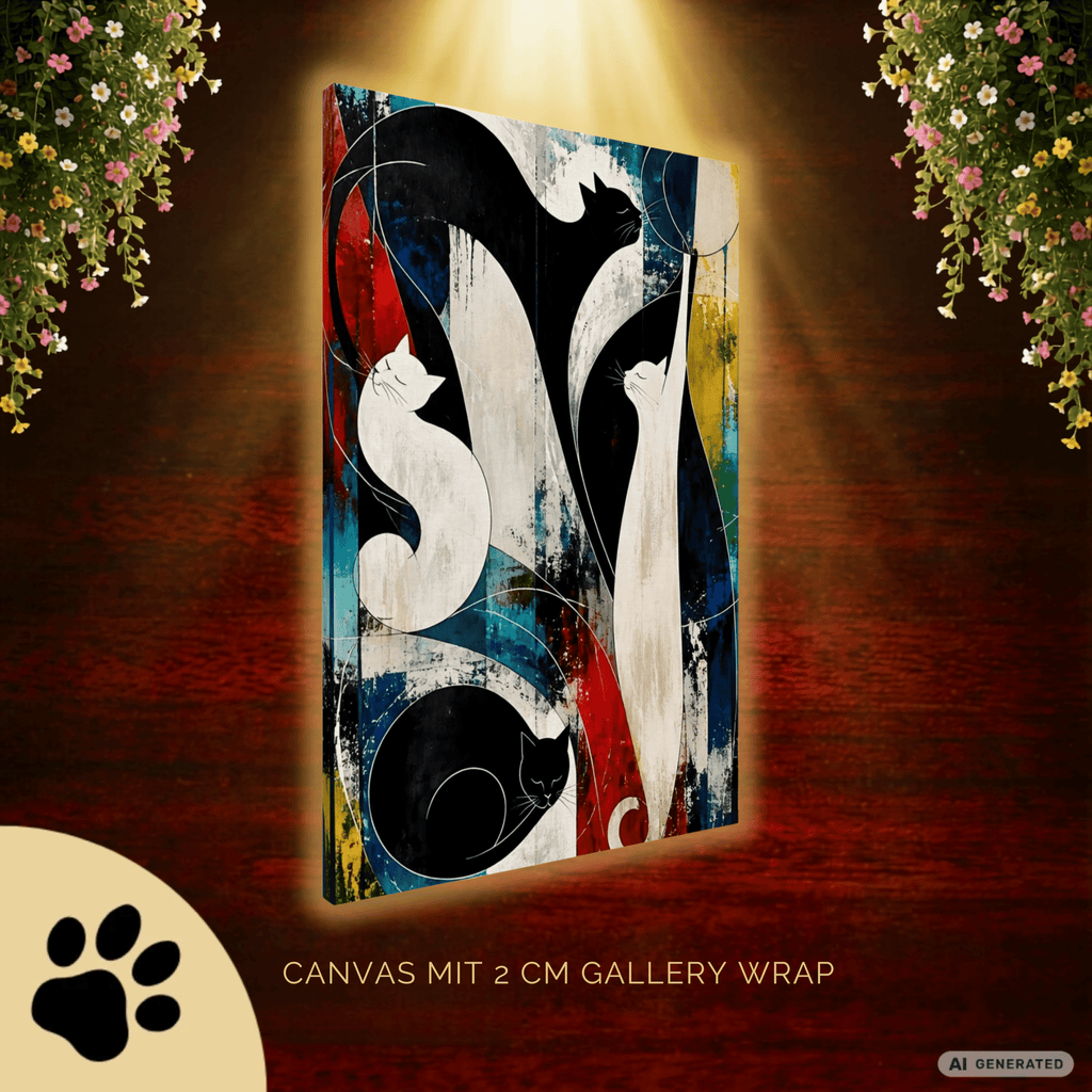 Nocturne for Four Cats – Modernes Katzenbild auf Leinwand 70 x 100 cm | Abstrakte Katzenkunst in kräftigen Farben I Canvas 70x100 cm / 28x40″ - Sunbeamstore