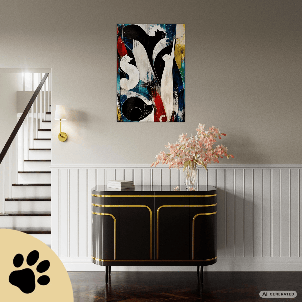 Nocturne for Four Cats – Modernes Katzenbild auf Leinwand 70 x 100 cm | Abstrakte Katzenkunst in kräftigen Farben I Canvas 70x100 cm / 28x40″ - Sunbeamstore