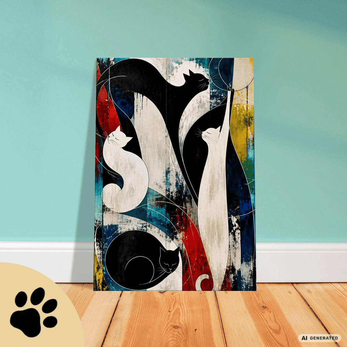 Nocturne for Four Cats – Modernes Katzenbild auf Leinwand 70 x 100 cm | Abstrakte Katzenkunst in kräftigen Farben I Canvas 70x100 cm / 28x40″ - Sunbeamstore