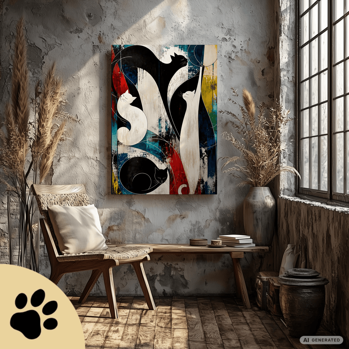 Nocturne for Four Cats – Modernes Katzenbild auf Leinwand 70 x 100 cm | Abstrakte Katzenkunst in kräftigen Farben I Canvas 70x100 cm / 28x40″ - Sunbeamstore