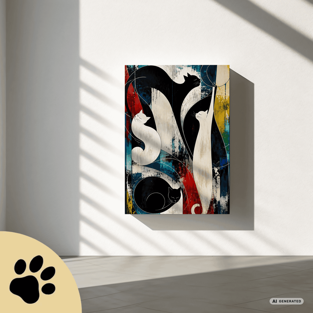 Nocturne for Four Cats – Modernes Katzenbild auf Leinwand 70 x 100 cm | Abstrakte Katzenkunst in kräftigen Farben I Canvas 70x100 cm / 28x40″ - Sunbeamstore