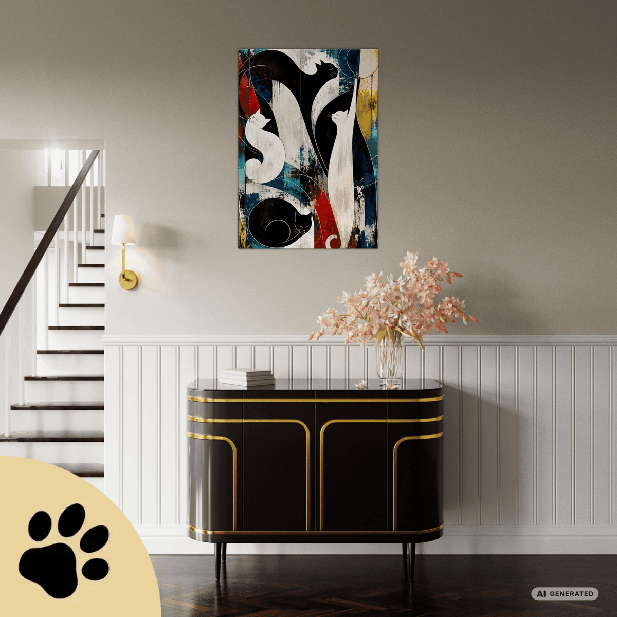 Nocturne for Four Cats – Modernes Katzenbild auf Leinwand 70 x 100 cm | Abstrakte Katzenkunst in kräftigen Farben I Canvas 70x100 cm / 28x40″ - Sunbeamstore