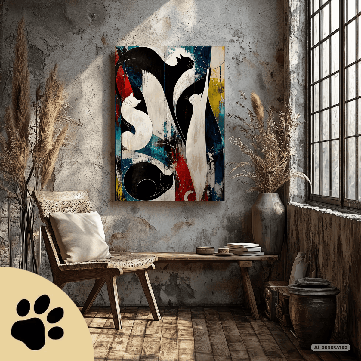 Nocturne for Four Cats – Modernes Katzenbild auf Leinwand 70 x 100 cm | Abstrakte Katzenkunst in kräftigen Farben I Canvas 70x100 cm / 28x40″ - Sunbeamstore