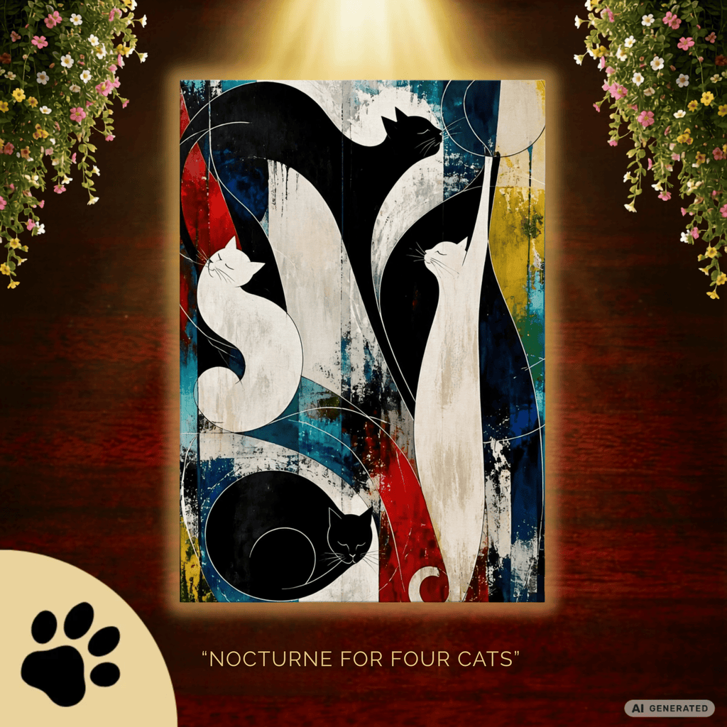 Nocturne for Four Cats – Modernes Katzenbild auf Leinwand 70 x 100 cm | Abstrakte Katzenkunst in kräftigen Farben I Canvas 70x100 cm / 28x40″ - Sunbeamstore