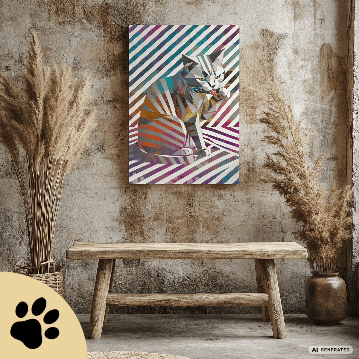 Origami Cat – Moderne Katzenkunst auf Leinwand 70 x 100 cm | Geometrische Pop Art Wanddeko für Katzenliebhaber I Canvas 70x100 cm / 28x40″ - Sunbeamstore