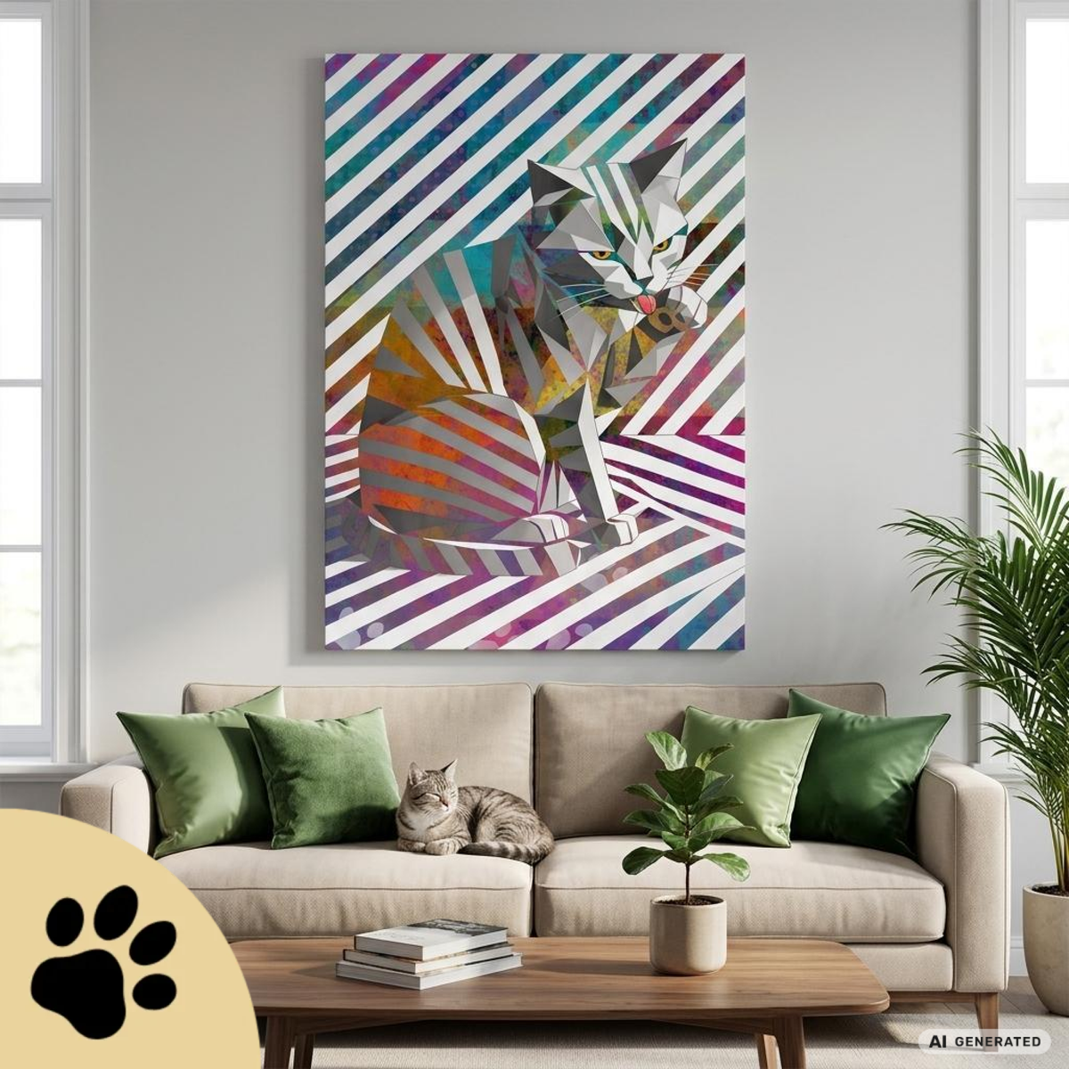 Origami Cat – Moderne Katzenkunst auf Leinwand 70 x 100 cm | Geometrische Pop Art Wanddeko für Katzenliebhaber I Canvas 70x100 cm / 28x40″ - Sunbeamstore