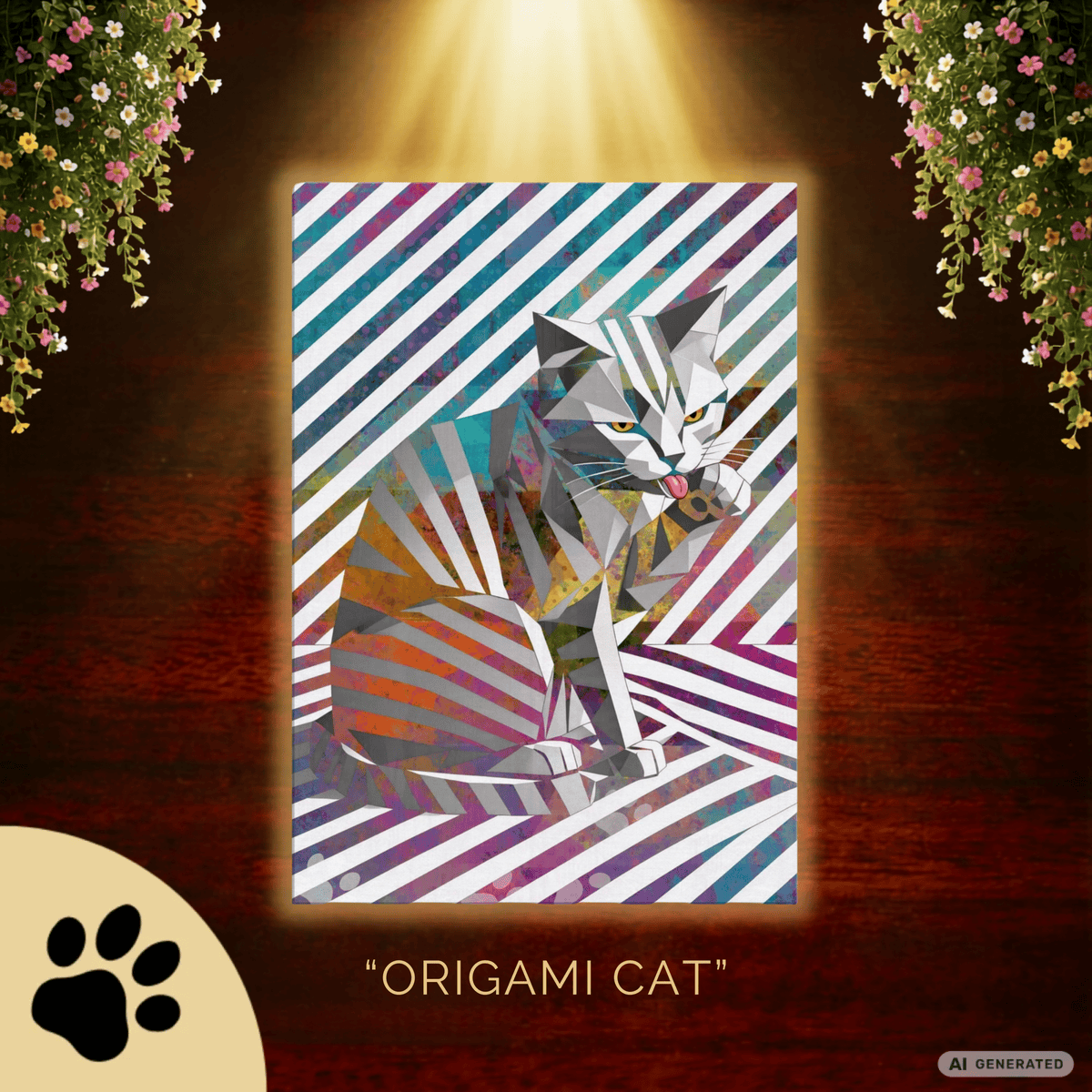 Origami Cat – Moderne Katzenkunst auf Leinwand 70 x 100 cm | Geometrische Pop Art Wanddeko für Katzenliebhaber I Canvas 70x100 cm / 28x40″ - Sunbeamstore