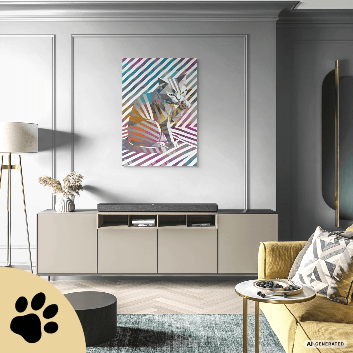 Origami Cat – Moderne Katzenkunst auf Leinwand 70 x 100 cm | Geometrische Pop Art Wanddeko für Katzenliebhaber I Canvas 70x100 cm / 28x40″ - Sunbeamstore