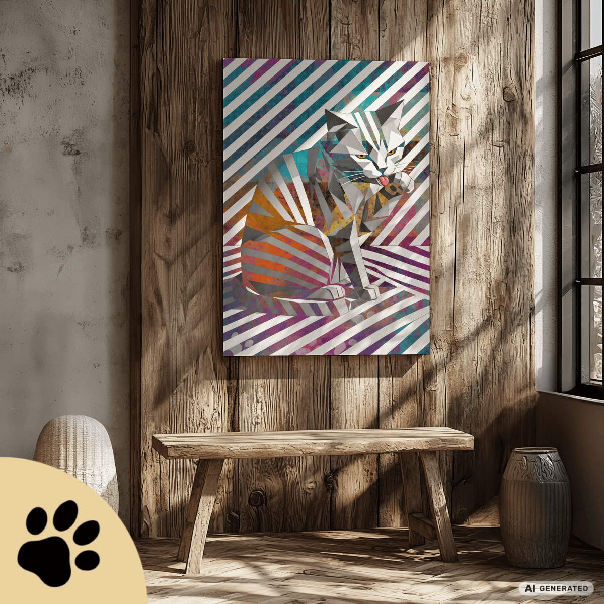 Origami Cat – Moderne Katzenkunst auf Leinwand 70 x 100 cm | Geometrische Pop Art Wanddeko für Katzenliebhaber I Canvas 70x100 cm / 28x40″ - Sunbeamstore