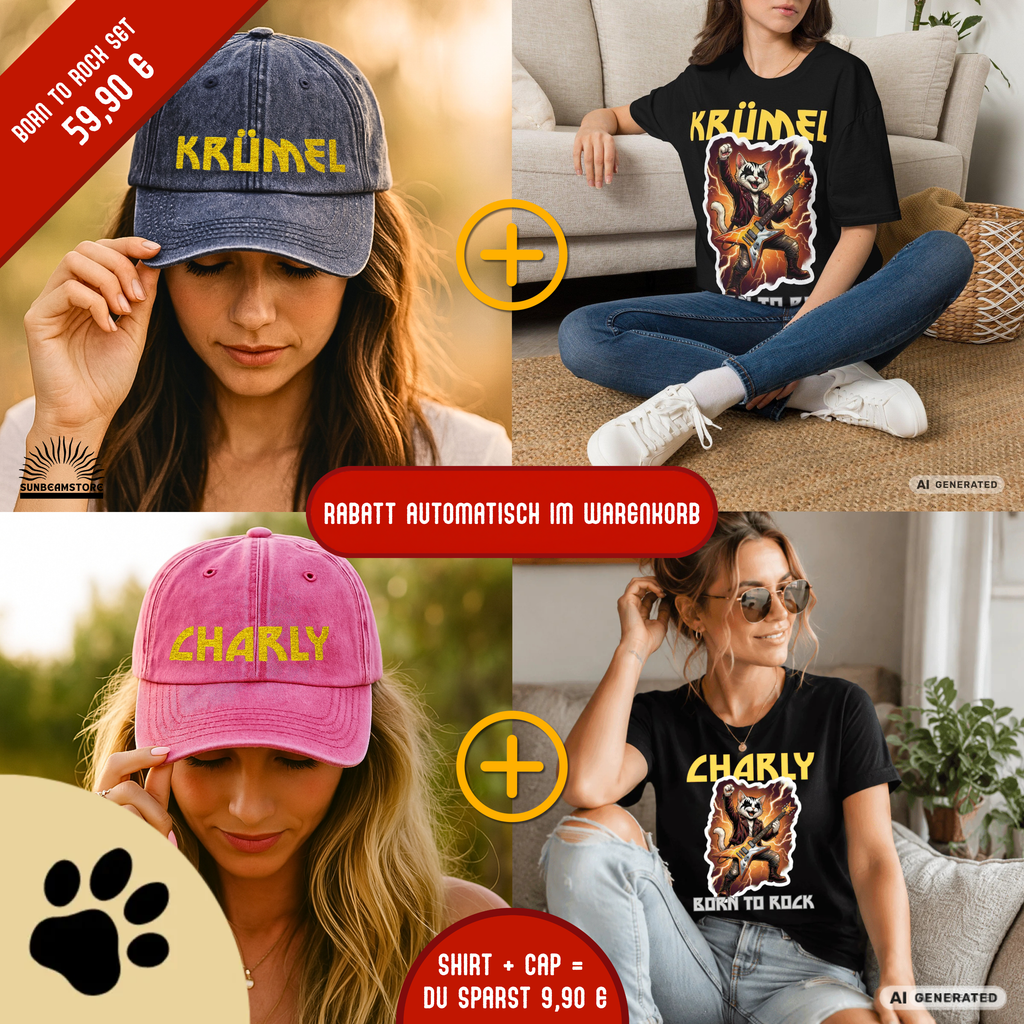 Personalisierbares Katzen Rocker T-Shirt mit Wunschname (bis 12 Zeichen) – Born to Rock – Gildan 64000 Unisex Shirt - Sunbeamstore