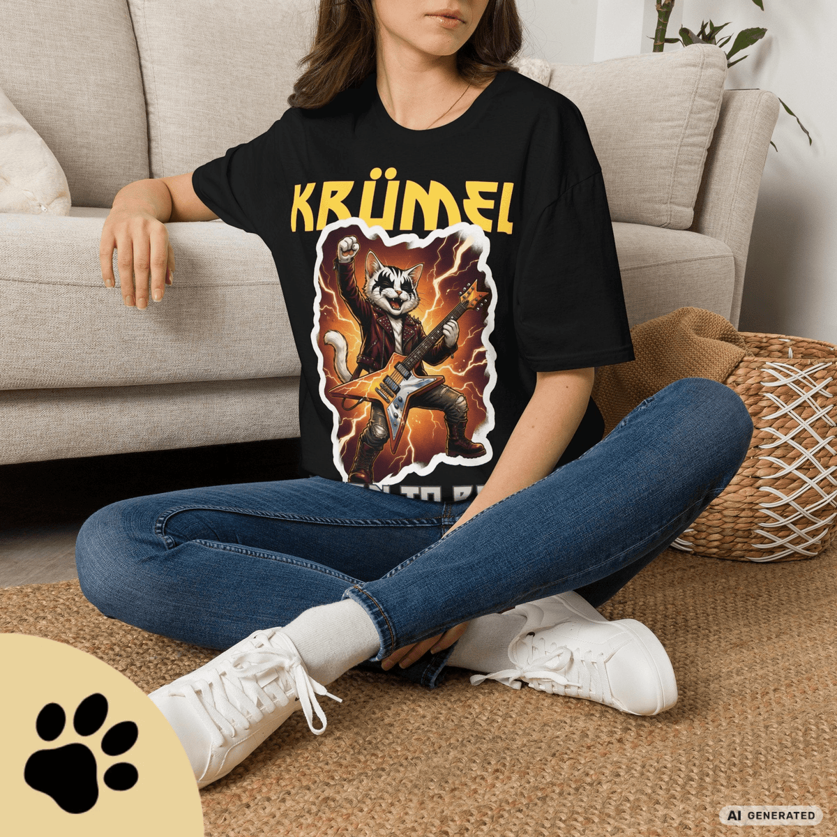 Personalisierbares Katzen Rocker T-Shirt mit Wunschname (bis 12 Zeichen) – Born to Rock – Gildan 64000 Unisex Shirt - Sunbeamstore