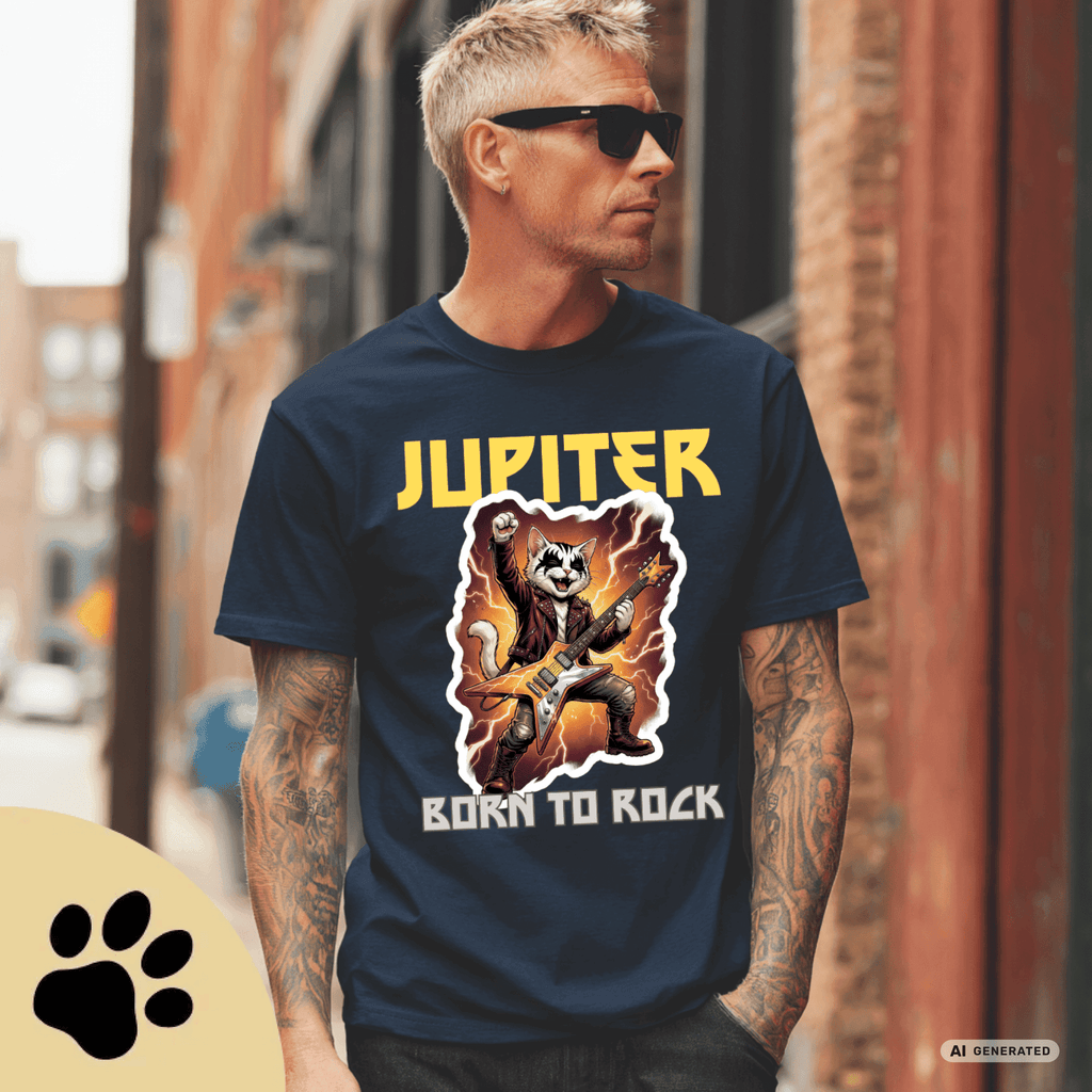 Personalisierbares Katzen Rocker T-Shirt mit Wunschname (bis 12 Zeichen) – Born to Rock – Gildan 64000 Unisex Shirt - Sunbeamstore