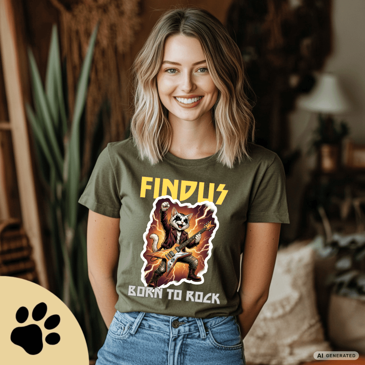 Personalisierbares Katzen Rocker T-Shirt mit Wunschname (bis 12 Zeichen) – Born to Rock – Gildan 64000 Unisex Shirt - Sunbeamstore