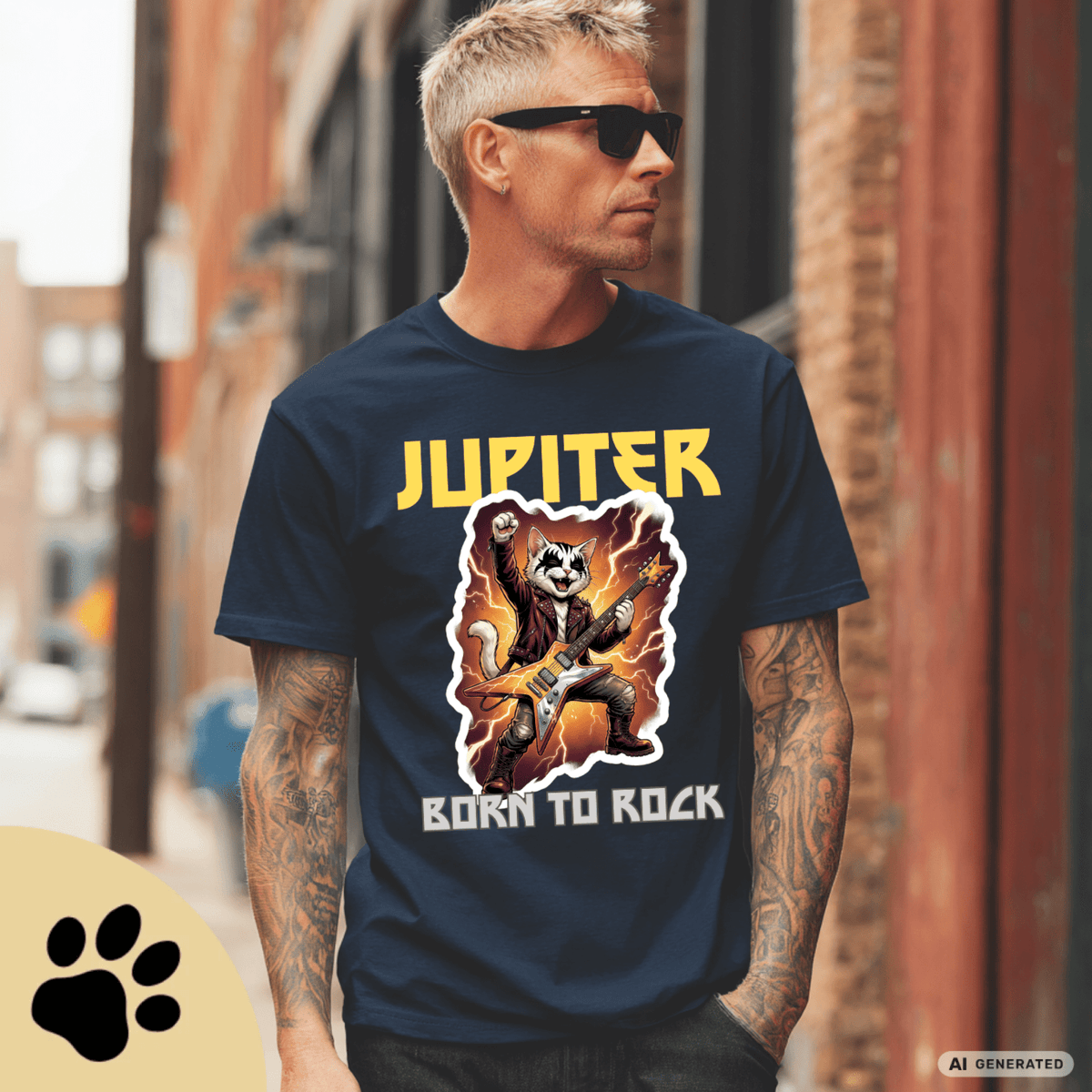 Personalisierbares Katzen Rocker T-Shirt mit Wunschname (bis 12 Zeichen) – Born to Rock – Gildan 64000 Unisex Shirt - Sunbeamstore