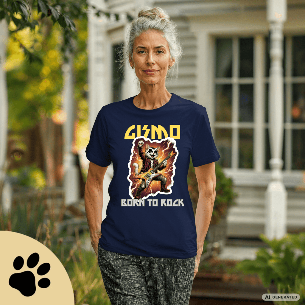 Personalisierbares Katzen Rocker T-Shirt mit Wunschname (bis 12 Zeichen) – Born to Rock – Gildan 64000 Unisex Shirt - Sunbeamstore