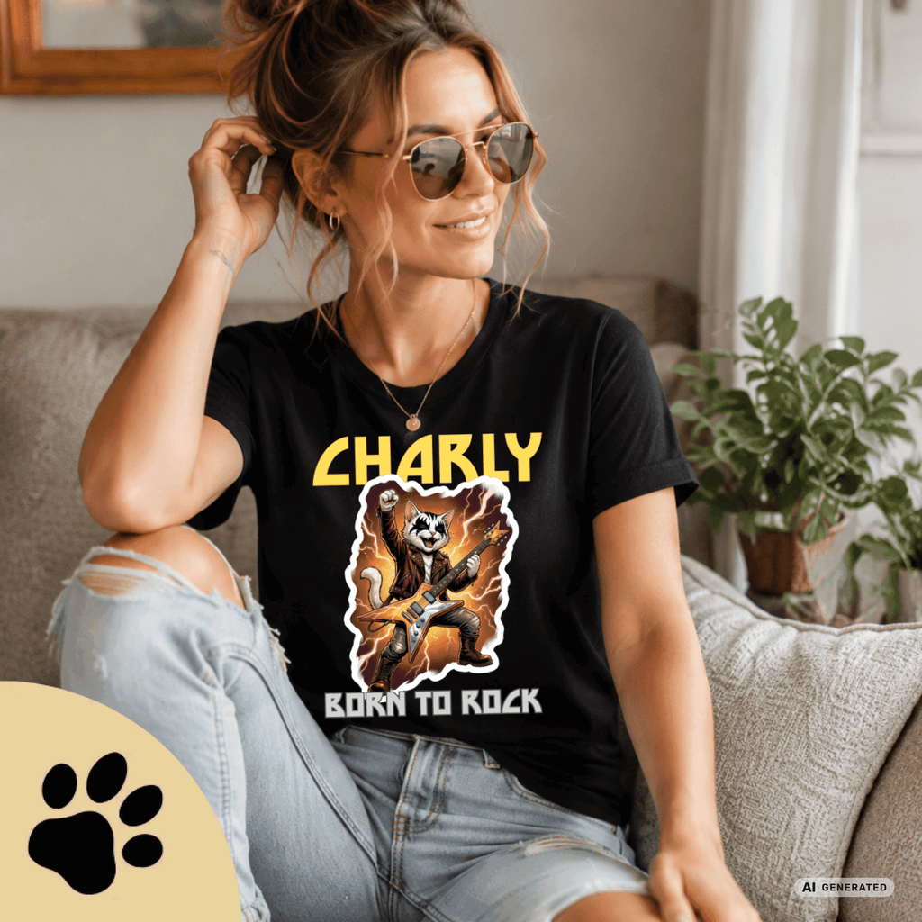 Personalisierbares Katzen Rocker T-Shirt mit Wunschname (bis 12 Zeichen) – Born to Rock – Gildan 64000 Unisex Shirt - Sunbeamstore