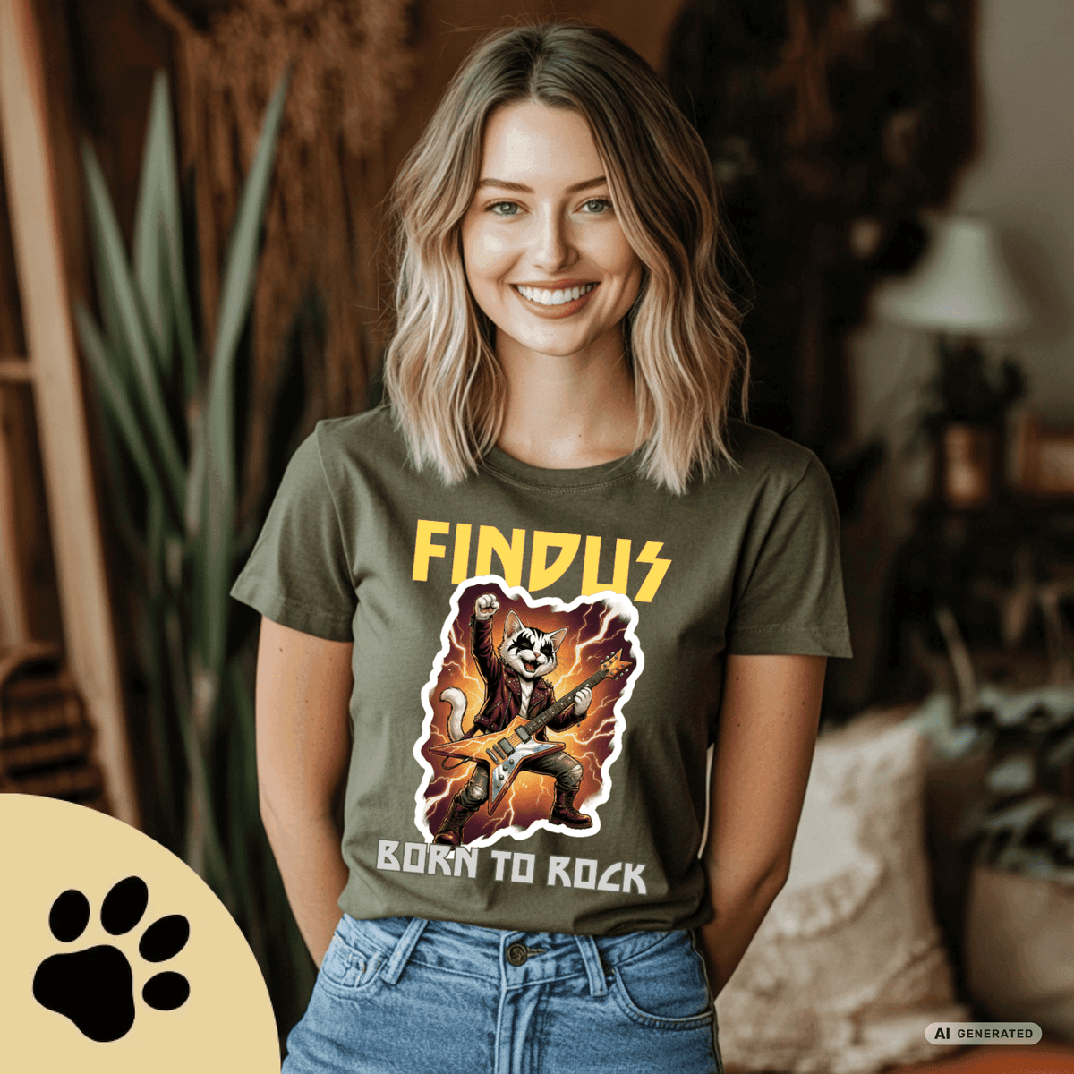 Personalisierbares Katzen Rocker T-Shirt mit Wunschname (bis 12 Zeichen) – Born to Rock – Gildan 64000 Unisex Shirt - Sunbeamstore