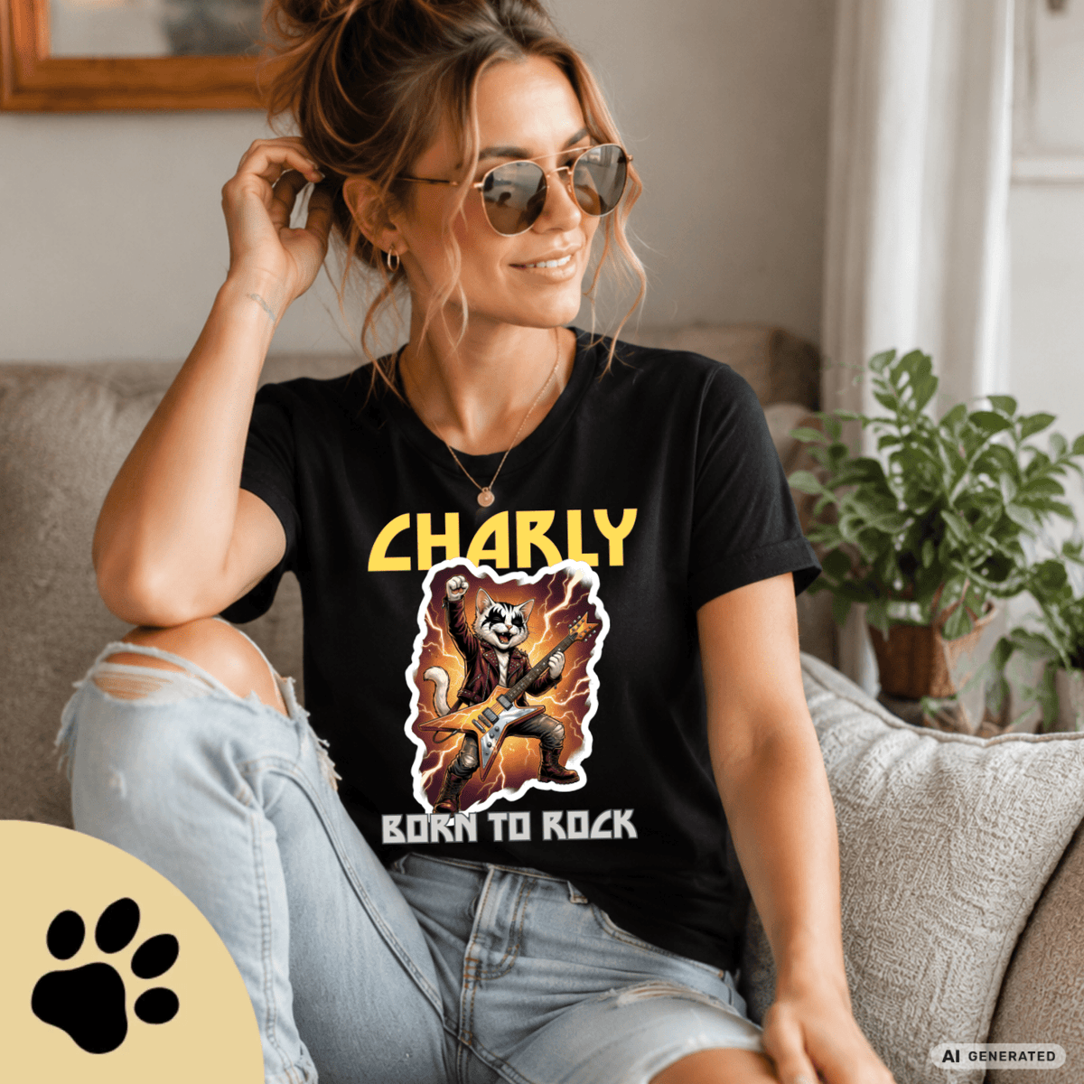 Personalisierbares Katzen Rocker T-Shirt mit Wunschname (bis 12 Zeichen) – Born to Rock – Gildan 64000 Unisex Shirt - Sunbeamstore