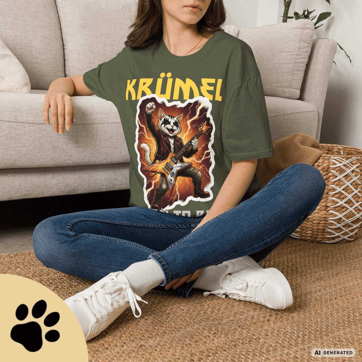 Personalisierbares Katzen Rocker T-Shirt mit Wunschname (bis 12 Zeichen) – Born to Rock – Gildan 64000 Unisex Shirt - Sunbeamstore
