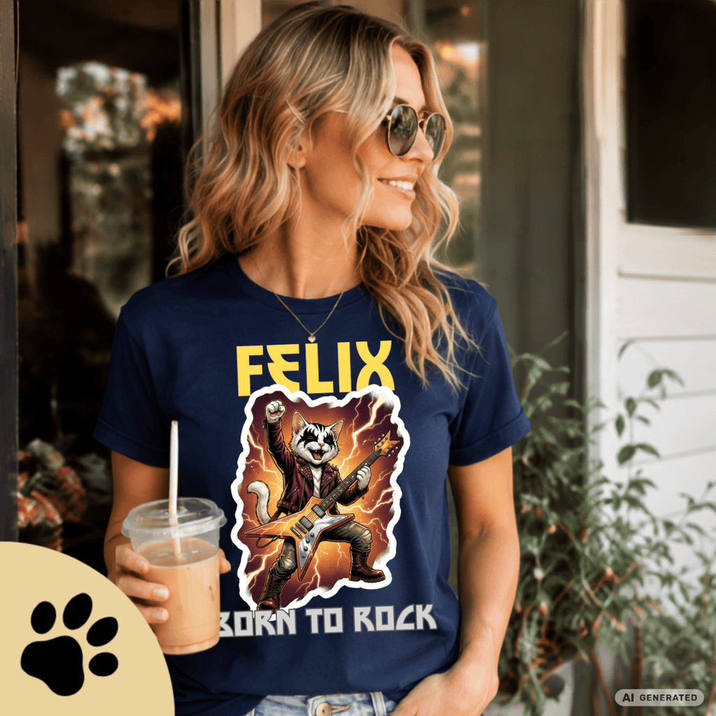 Personalisierbares Katzen Rocker T-Shirt mit Wunschname (bis 12 Zeichen) – Born to Rock – Gildan 64000 Unisex Shirt - Sunbeamstore